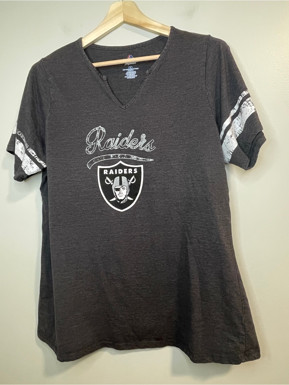 Majestic Black NFL Raiders V-Neck Short Sleeve Tee with White Graphics